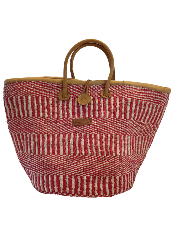 Brave Handmade Sisal Straw Market Tote Basket - Christmas Red and White