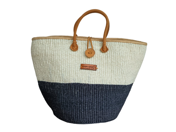 Balance Half Handmade Sisal Basket Tote, Market Grocery Shopping Bags with Leather Strap Handles and Button Closure, Summer Beach Basket Handbag, Large Straw Shoulder Purse for Women