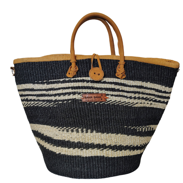 SAWA SAWA Handmade Sisal Straw Balance Basket – Black & White Handwoven Sisal Tote with Leather Trim