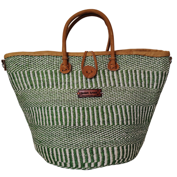SAWA SAWA Evergreen Wholeness Handmade Sisal Straw Basket Tote - Green & White Sisal Tote with Leather Trim