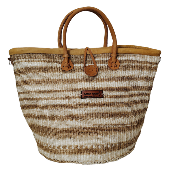 SAWA SAWA “Rooted in Life” Basket – Handwoven Brown &amp; White Sisal Tote with Leather Trim