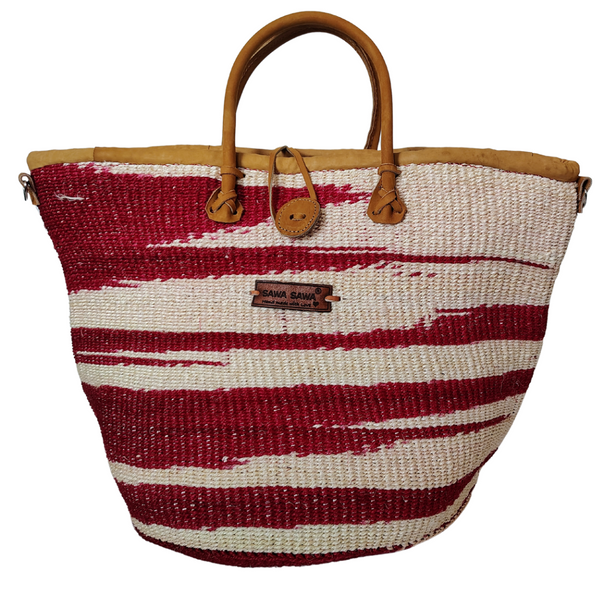 Crimson Courage Handwoven Red & White Sisal Straw Basket Tote